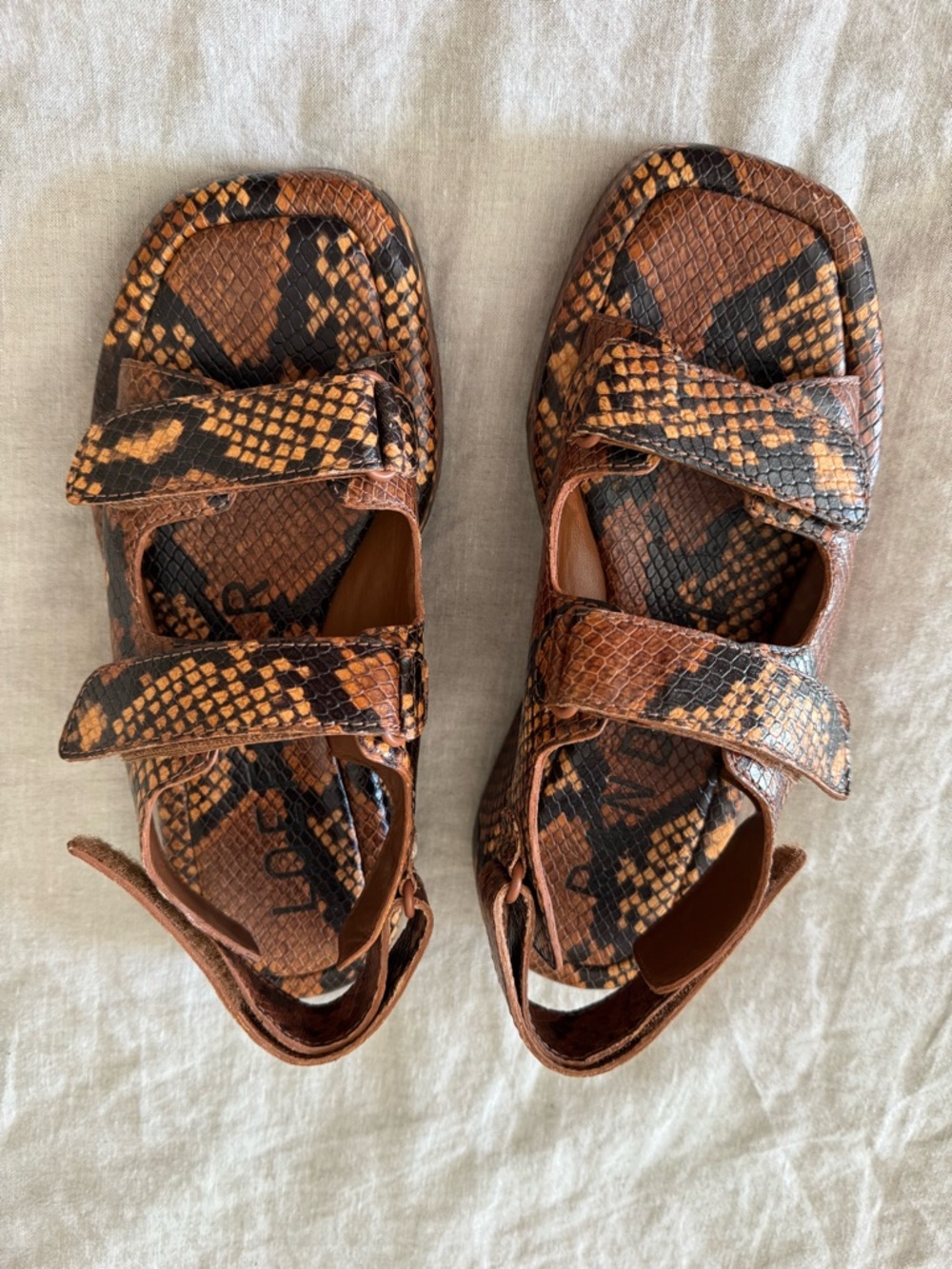 Loeffler Randall Brown Snake-Print Sandals with Hook-and-Loop Straps